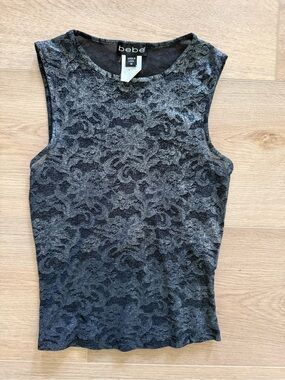 Bebe Vintage Made in USA Sheer Baroque Floral Sleeveless Top Black M
